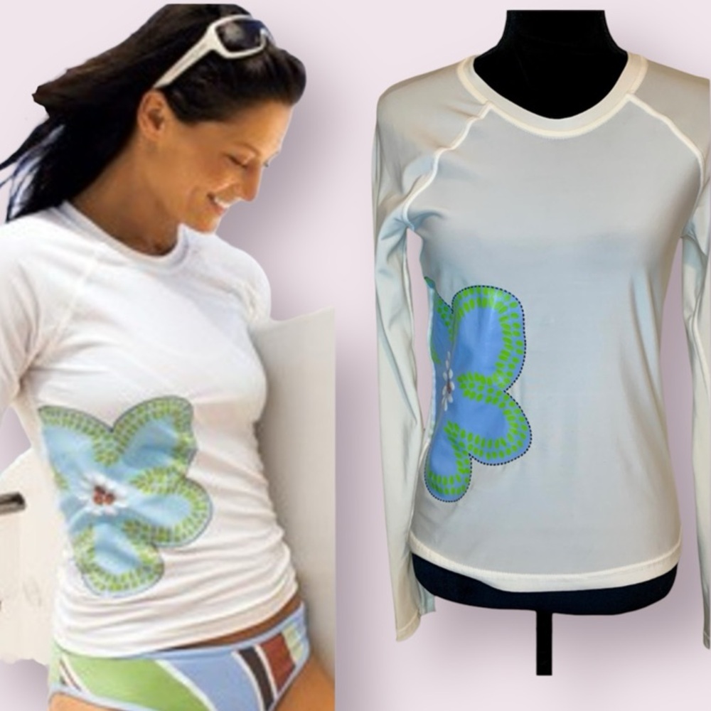 Athleta White Long-Sleeve Rash Guard with Blue and Green Flower